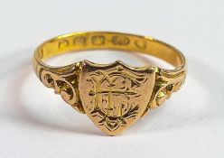 22ct antique gold shield ring, size H, 2.1g.
