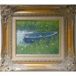 Charles Neale oil painting on canvas titled The Blue Boat, 19cm x 23.5cm excluding frame and slip.