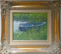 Charles Neale oil painting on canvas titled The Blue Boat, 19cm x 23.5cm excluding frame and slip.
