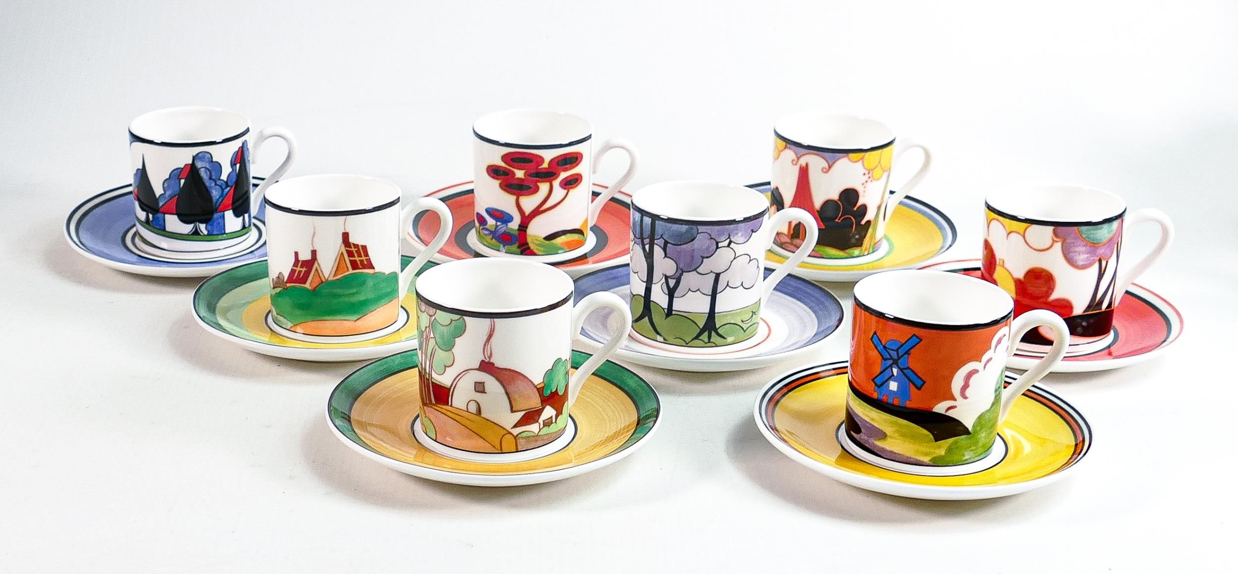 Wedgwood Clarice Cliff Centenary coffee cans & saucers in Autumn, Summer House, Windmill, Secrets