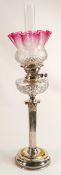 Large silver plated Corinthium column oil lamp with acid etched shade, Duplex burner noted. Complete
