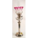 Large silver plated Corinthium column oil lamp with acid etched shade, Duplex burner noted. Complete