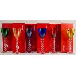 Six Baccarat coloured boxed Rhine wine glasses, colours to include green, blue, yellow and red. (6)