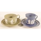 Wedgwood sage green & Portland blue (dancing hours) cup & saucer sets. (2)