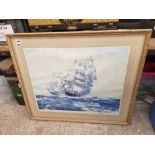 A large framed print of a galleon, indistinctly signed in pencil lower right, overall size 99cm x