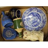 Spode Italian patterned Gateau plate, four Spode ceramic whisky decanters (empty) and a Sylvac owl