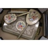 20th Century ladies 4 piece dressing table set, tray, mirror and 2 brushes.