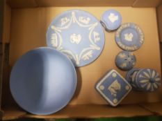 A collection of Wedgwood jasperware including large fruit bowl, lidded boxes, plate, ashtray etc