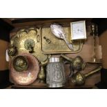 A mixed collection of metal ware items including Indian brass items, white metal Art Nouveau hair