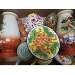 A mixed collection of items to include Victorian painted glass vases, Oriental Teapots, Beswick Fox,