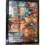 Framed and glazed contemporary print of a vibrant nightlife scene, 77cm x 57cm.