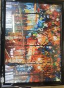 Framed and glazed contemporary print of a vibrant nightlife scene, 77cm x 57cm.