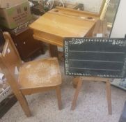 Mid century child's desk and chair, with original bakelite ink wells and lift up lid, together