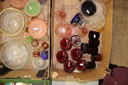 A collection of glass to include fruit bowls, pink glass bowls, candlestick, ruby sundae glasses etc