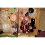 A collection of glass to include fruit bowls, pink glass bowls, candlestick, ruby sundae glasses etc