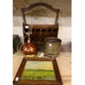 A mixed collection of items to include Wooden Magazine Rack, Framed Print, Brass PLanter &