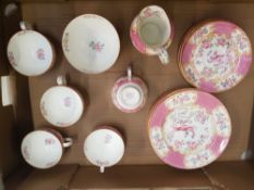 Minton Pink 'Cockatrice' Pattern Tea ware items to include 5 Cups, 4 saucers, 6 Side Plates & Milk