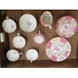 Minton Pink 'Cockatrice' Pattern Tea ware items to include 5 Cups, 4 saucers, 6 Side Plates & Milk