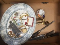 A mixed collection of items to include costume jewelry , horn handled knife set, damage Crown