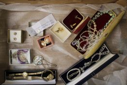Mixed collection of costume jewellery to include ladies watches, necklaces, ear rings, Gents