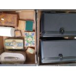 A collection of vintage boxes and tins together with 2 modern storage cases.