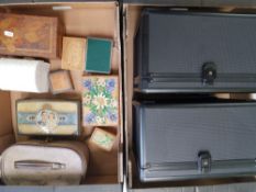 A collection of vintage boxes and tins together with 2 modern storage cases.