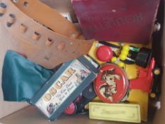 Mixed collection of vintage board games and toys to include scrabble, monopoly, dominoes set, scoop,