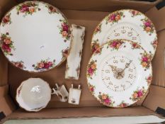 Royal Albert Old Country Roses Patterned items to include Two Wall Clocks, Cake Stand, sugar bowl