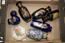 A collection of Oriental ceramic items to include vases and a modern Satsuma pin dish (1 tray).