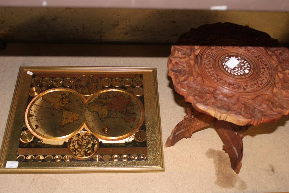 Reproduction framed world map by Peter Schenk The Elder 1645-1716 together with a small carved