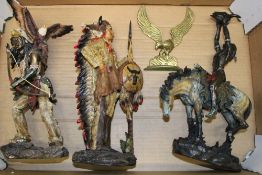 A collection of Native American Themed Resin Figures Plus a Brass Eagle type figure (1 tray)