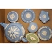 A collection of Wedgwood Jasperware to include large teapot, lidded boxes, pin tray etc