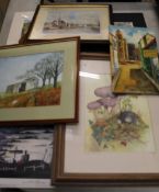 A group of framed/mounted prints together with a continental small oil on board etc.