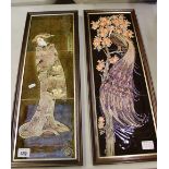 Two Maws & co framed tiles one of a Oriental lady and one of a peacock