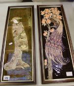 Two Maws & co framed tiles one of a Oriental lady and one of a peacock