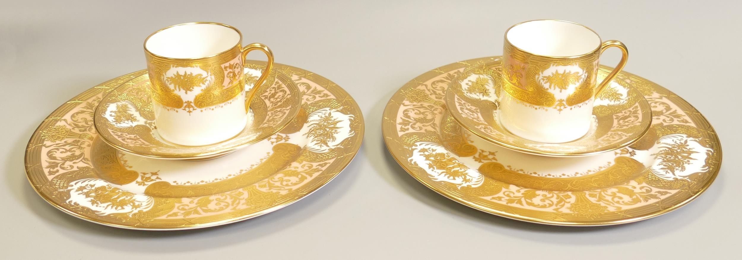 De Lamerie Fine Bone China heavily gilded Majestic patterned Coffee Can Sets & side plates ,
