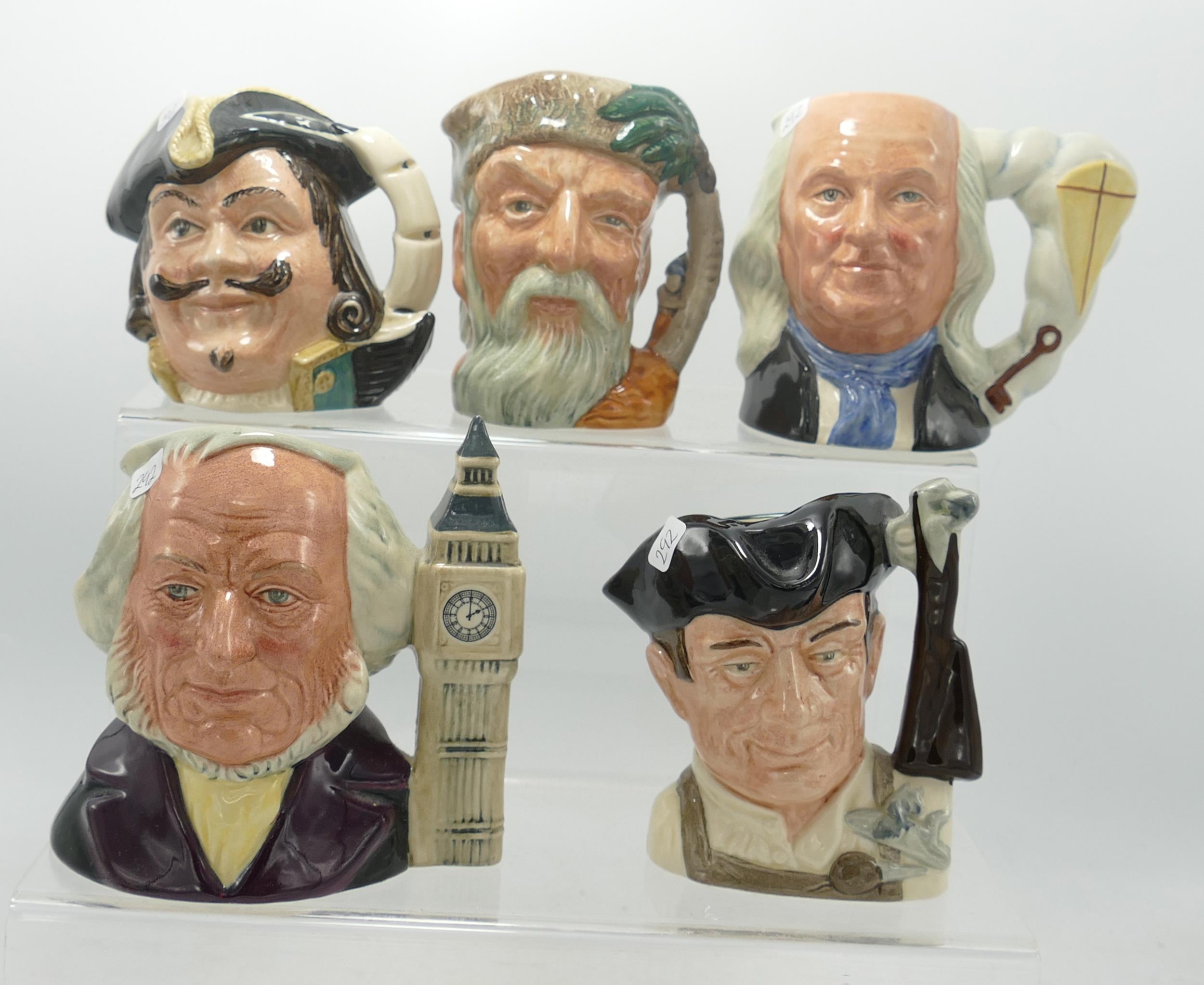 Royal Doulton small size character jugs John Doulton D6656, Benjamin Franklin D6695, Capt Henry