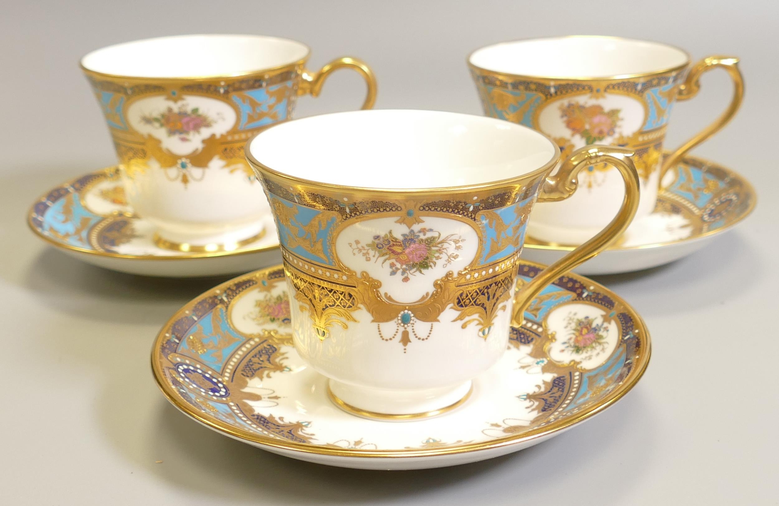 De Lamerie Fine Bone China heavily gilded Countess Floribunda patterned Cup & Saucer Sets ,