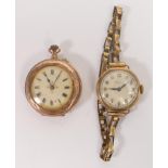 Ladies 9ct rose gold fob watch together with 9ct gold wristwatch with rolled gold bracelet. (2)