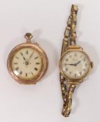 Ladies 9ct rose gold fob watch together with 9ct gold wristwatch with rolled gold bracelet. (2)