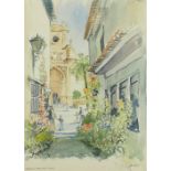 Tom Hinks modern watercolour titled Marbella Campo Santo Plaza, frame size 55cm x 45cm