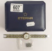 Ladies Eterna wristwatch with stainless steel bracelet, boxed with spare links.