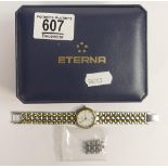 Ladies Eterna wristwatch with stainless steel bracelet, boxed with spare links.
