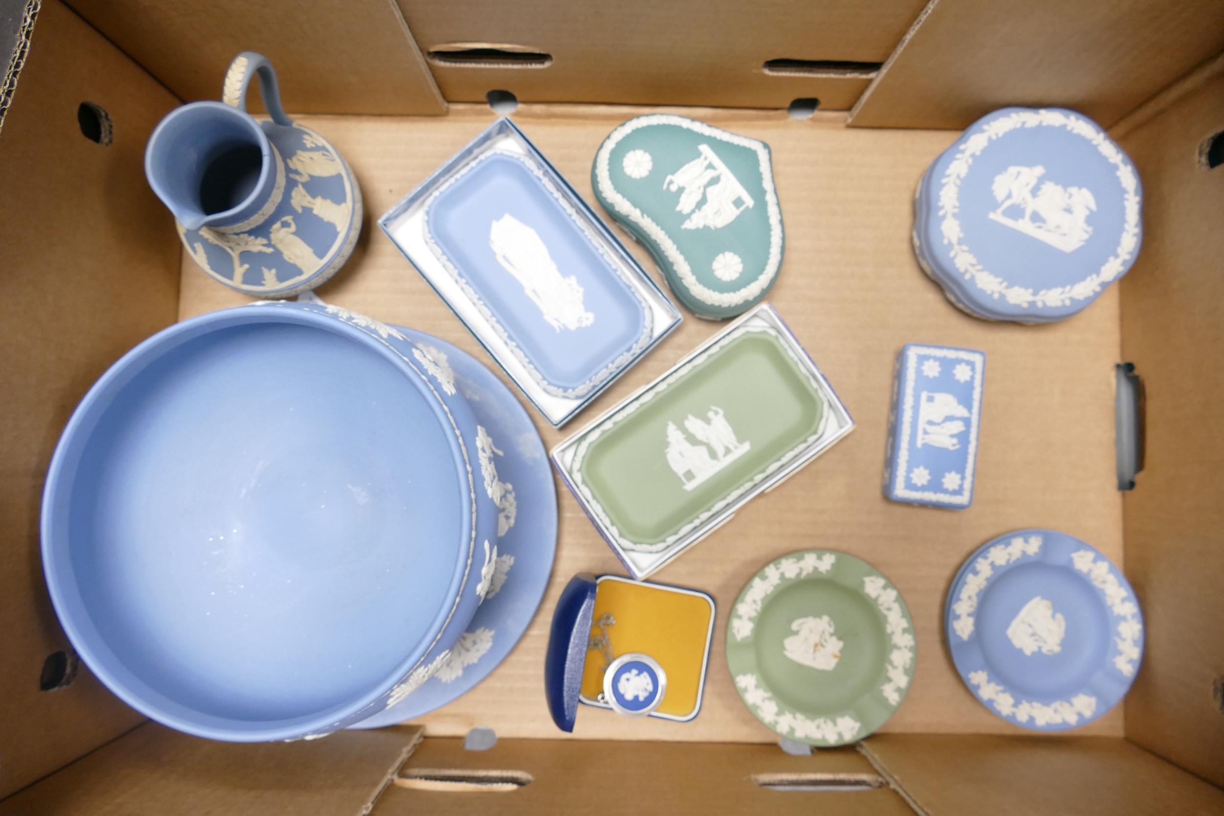 A mixed collection of Wedgwood Jasperware including large footed bowl, teal lidded box, sage green