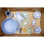 A mixed collection of Wedgwood Jasperware including large footed bowl, teal lidded box, sage green