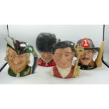 Royal Doulton Large Character Jugs Gaoler D6570, Fireman D6697, Robin Hood D6527 & The Guardsman