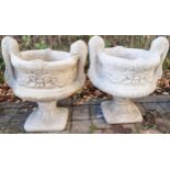 Stone garden ornament of a twin handled urn (2 pieces)
