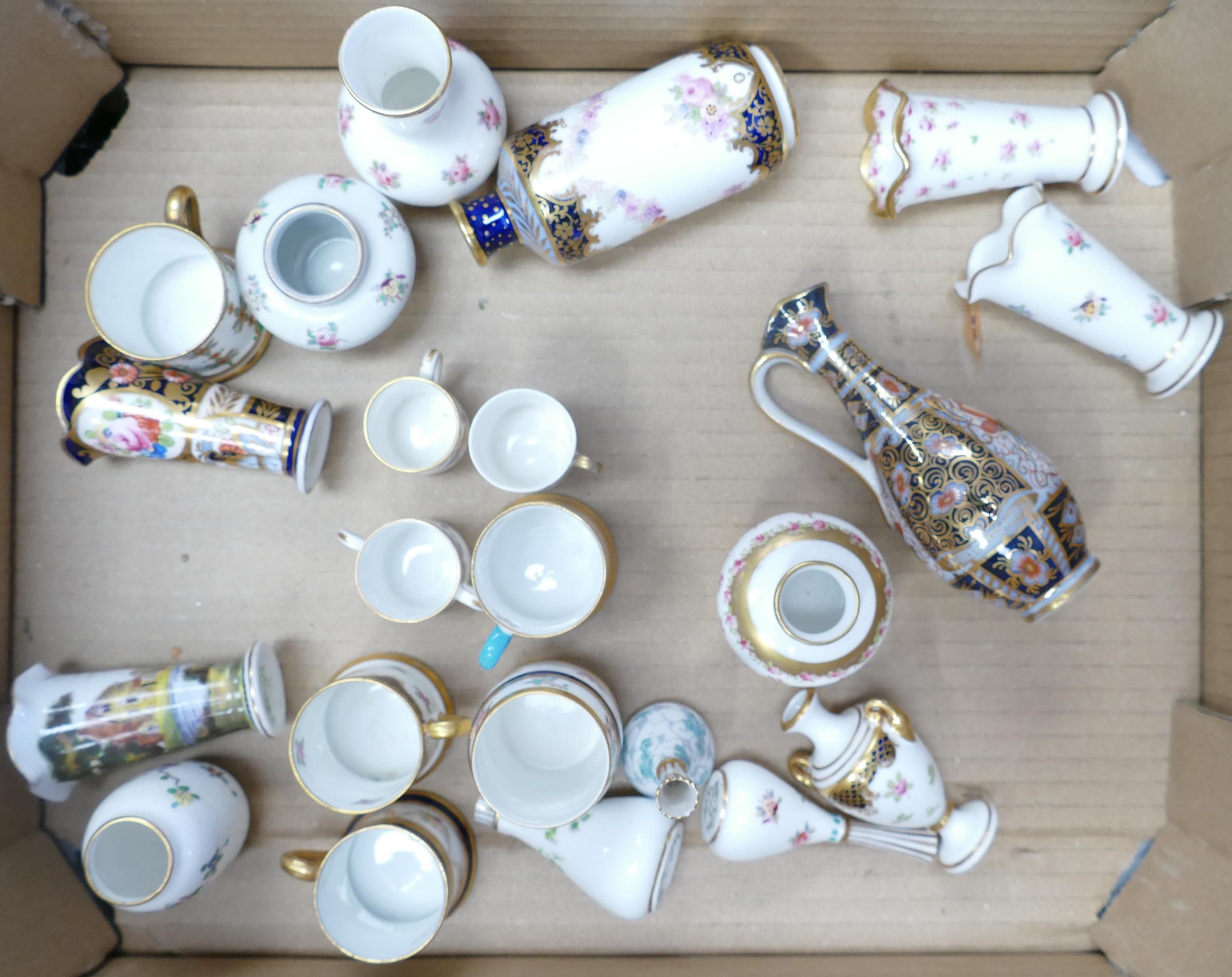 A collection of Crown Staffordshire Floral & Gilt Decorated Miniature Vases & Tankards, tallest 12cm