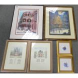 Six framed prints with still life, architectural & landscape themes(6)