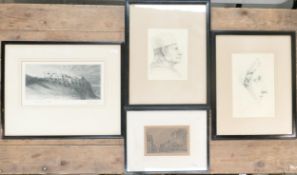 A collection of early 20th century pencil drawings and etchings, one signed John A Crabtree. (4)